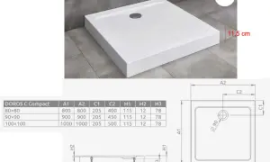 Niski brodzik kwadratowy 11,5 cm wysokości. Wymiary i schemat montażu brodzika niskiego.