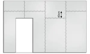 Schemat przedstawia fragment ściany z płyt gipsowych, z zaznaczonymi wymiarami 40cm.