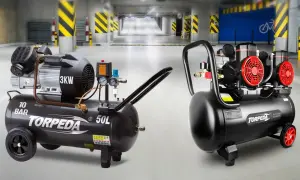 Dwa kompresory Torpeda, idealne do malowania. Jeden 3kW, 50L, 10 BAR, drugi z dwoma czerwonymi wentylatorami.