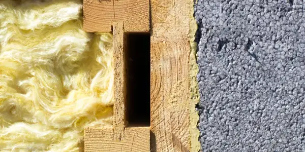 Przekrój ściany: z jednej strony puszysta wełna mineralna, z drugiej szary styropian, pośrodku drewniana konstrukcja.