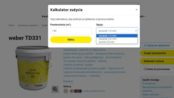 Kalkulator zużycia tynku weber TD331. Wpisz powierzchnię 200m² i wybierz grubość ziarna, by obliczyć, ile wiader tynku potrzebujesz.