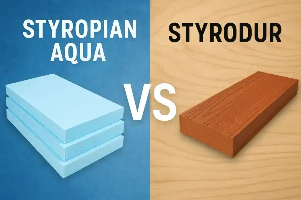 Styropian Aqua vs. styrodur. Porównanie materiałów izolacyjnych: niebieski styropian i brązowy styrodur.