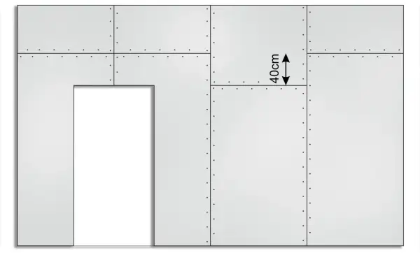 Schemat przedstawia fragment ściany z płyt gipsowych, z zaznaczonymi wymiarami 40cm.