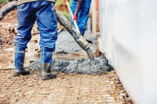 Pracownicy wylewają beton na zbrojenie. Warto wiedzieć, ile waży litr betonu, by oszacować obciążenie konstrukcji.